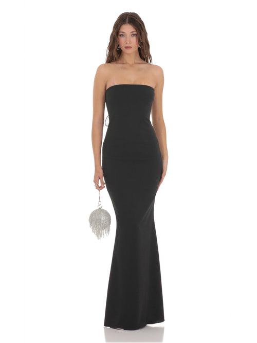 Black bridesmaid dress with a-line silhouette and maxi length