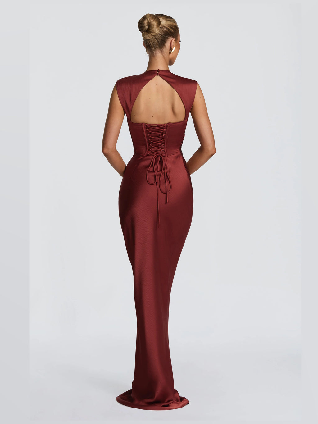 Deep Rust formal dress with a-line silhouette and maxi length