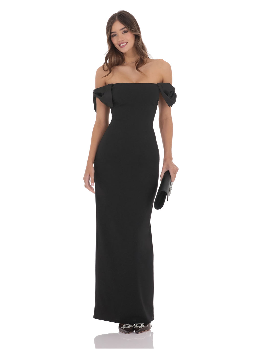 Black bridesmaid dress with a-line silhouette and maxi length