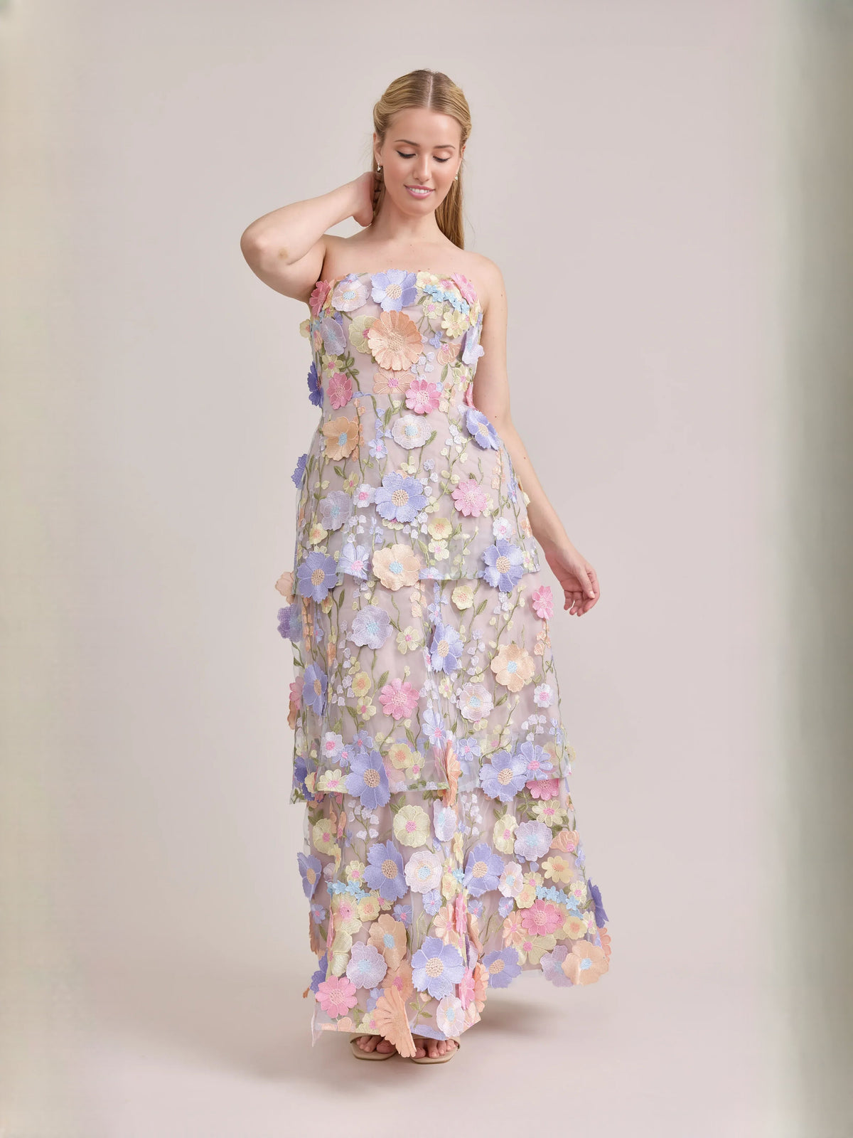 As Picture floor-length prom dress, front view showing the a-line silhouette