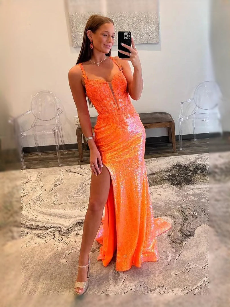 Orange floor-length prom dress, front view showing the mermaid silhouette