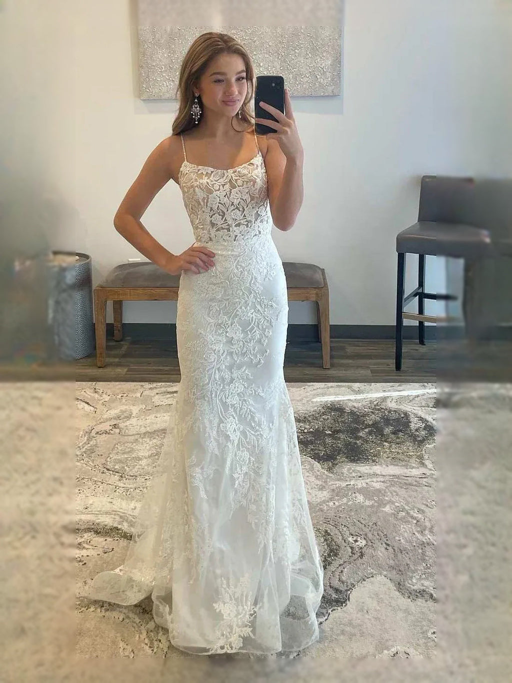 White maxi prom dress, front view showing the mermaid silhouette