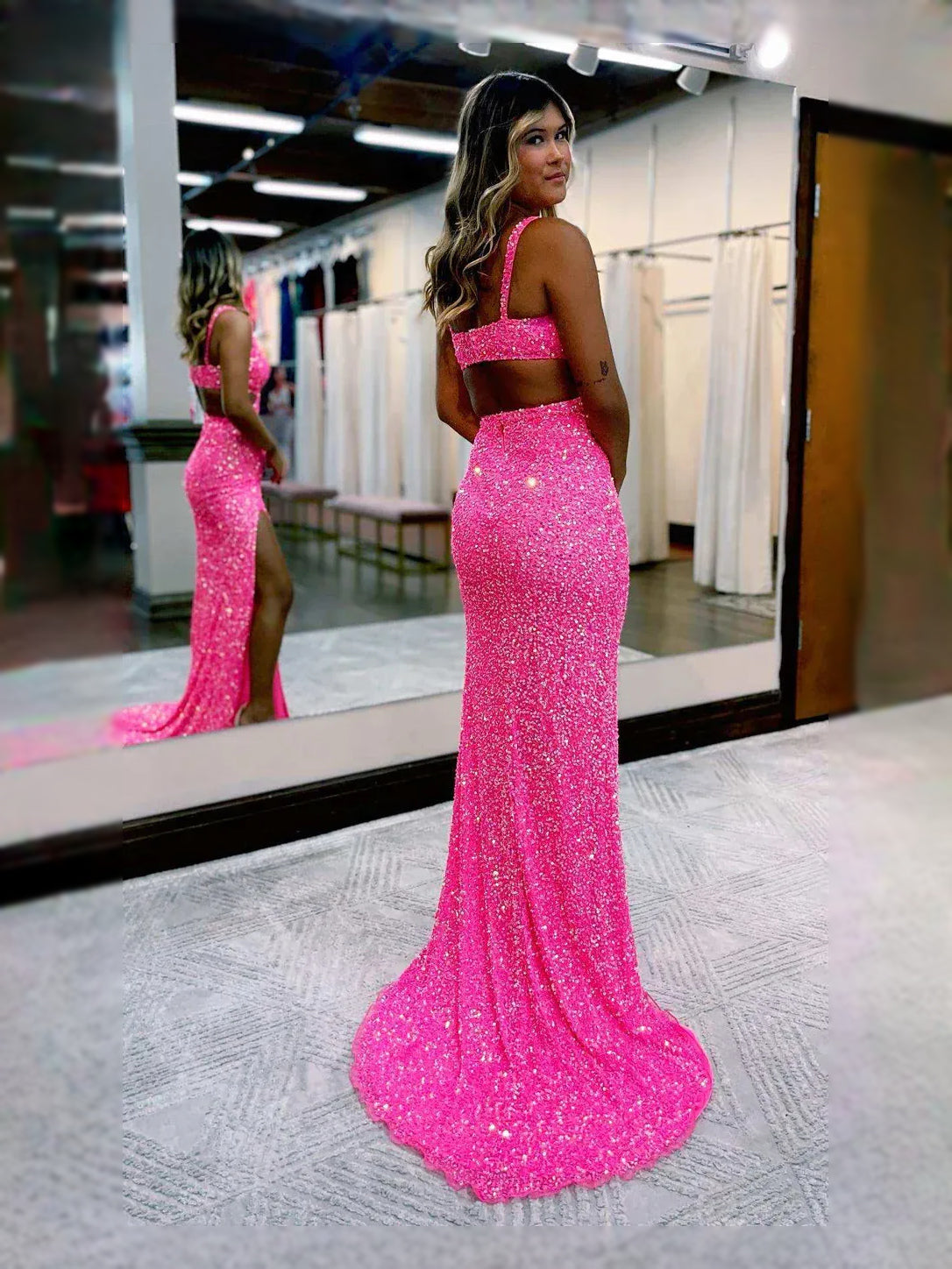 Hot Pink maxi prom dress, front view showing the mermaid silhouette