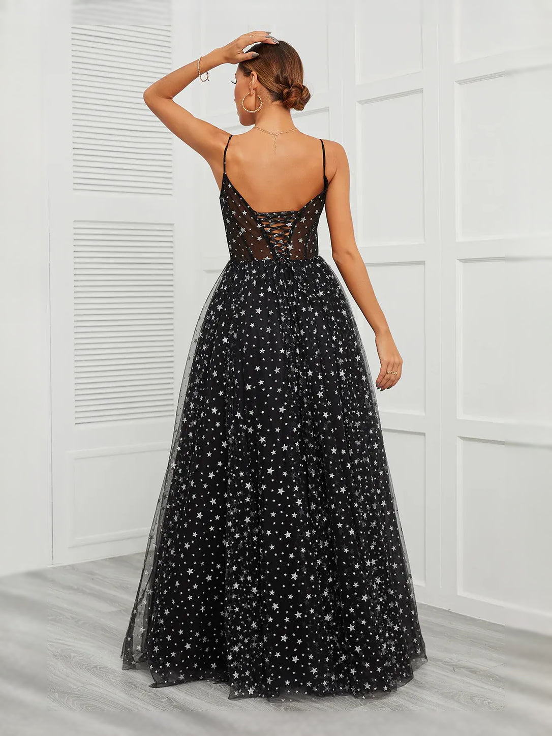 Black maxi prom dress, front view showing the a-line silhouette