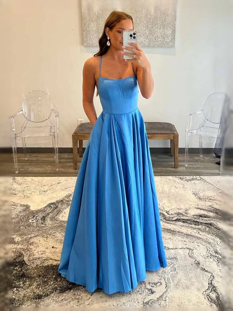 Sky Blue maxi prom dress, front view showing the a-line silhouette
