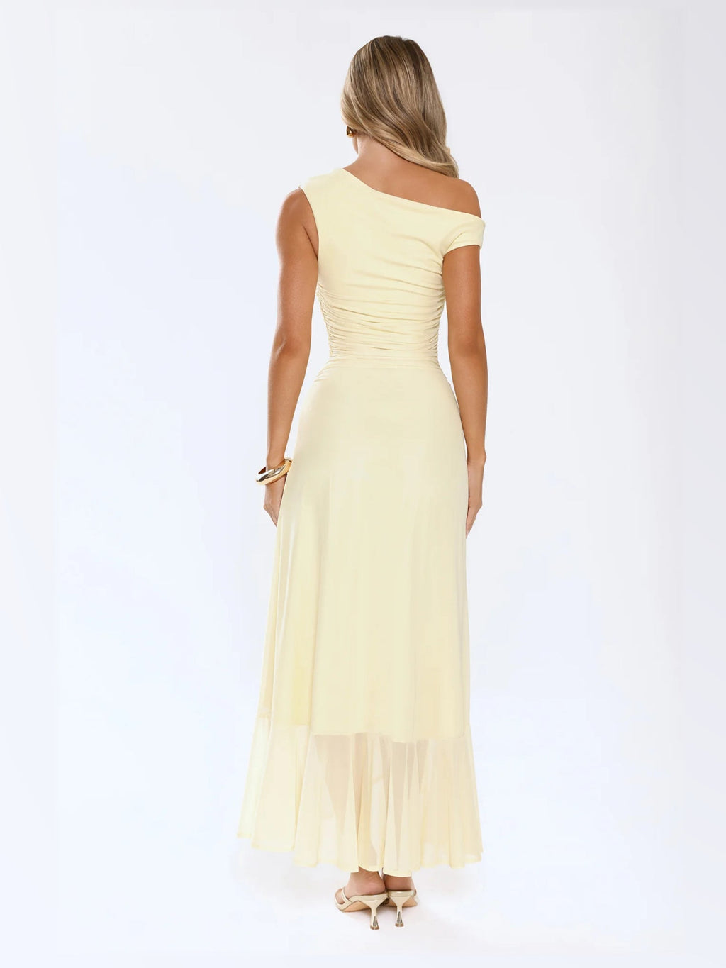 Yellow formal dress with a-line silhouette and maxi length