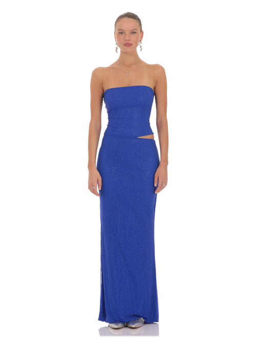 Blue bridesmaid dress with a-line silhouette and maxi length