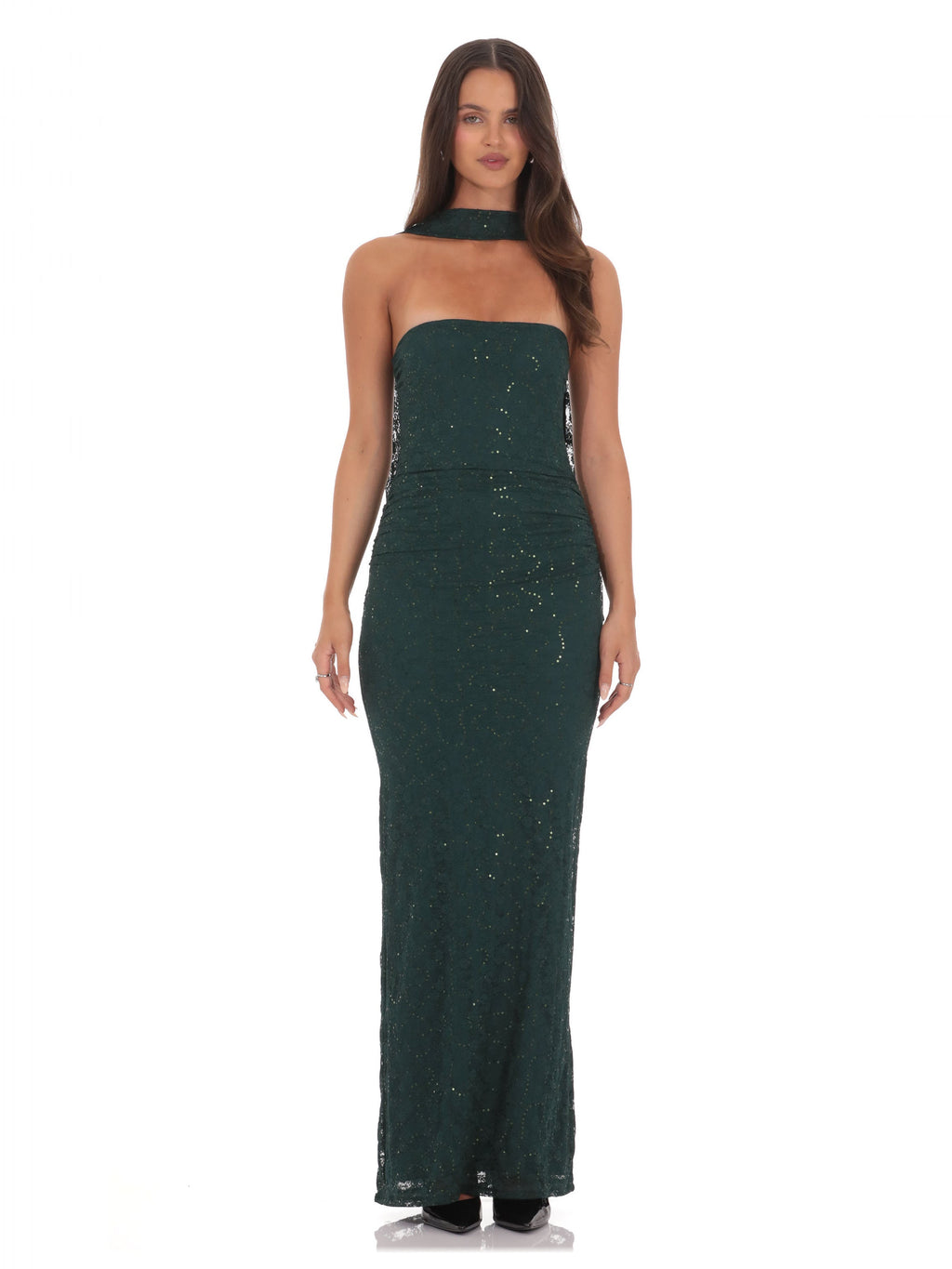Green bridesmaid dress with a-line silhouette and maxi length