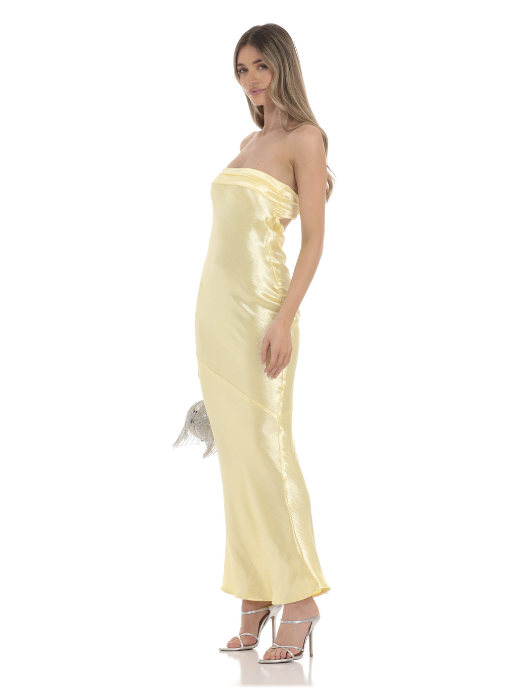 Yellow bridesmaid dress with a-line silhouette and maxi length