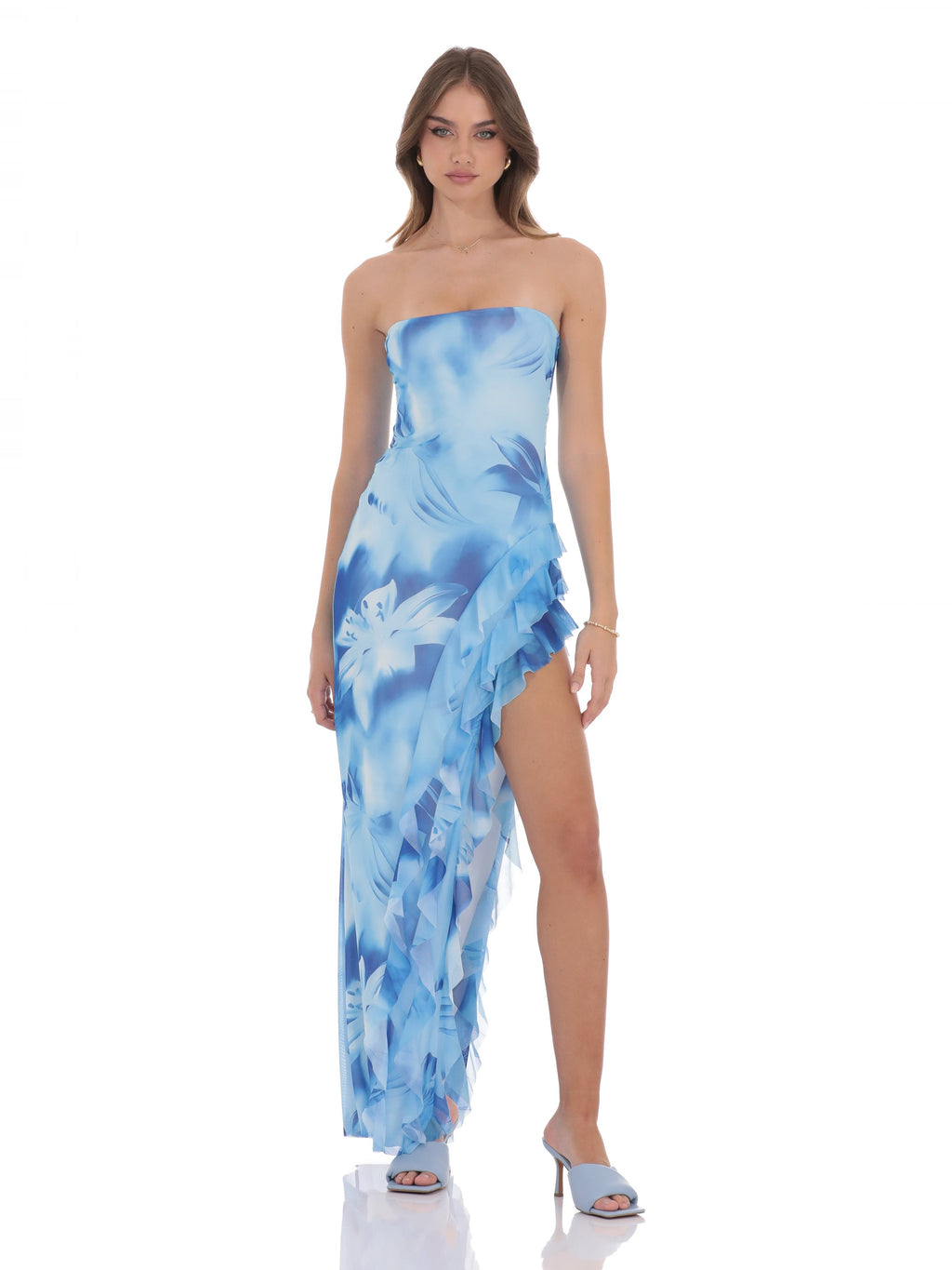 Blue bridesmaid dress with a-line silhouette and maxi length