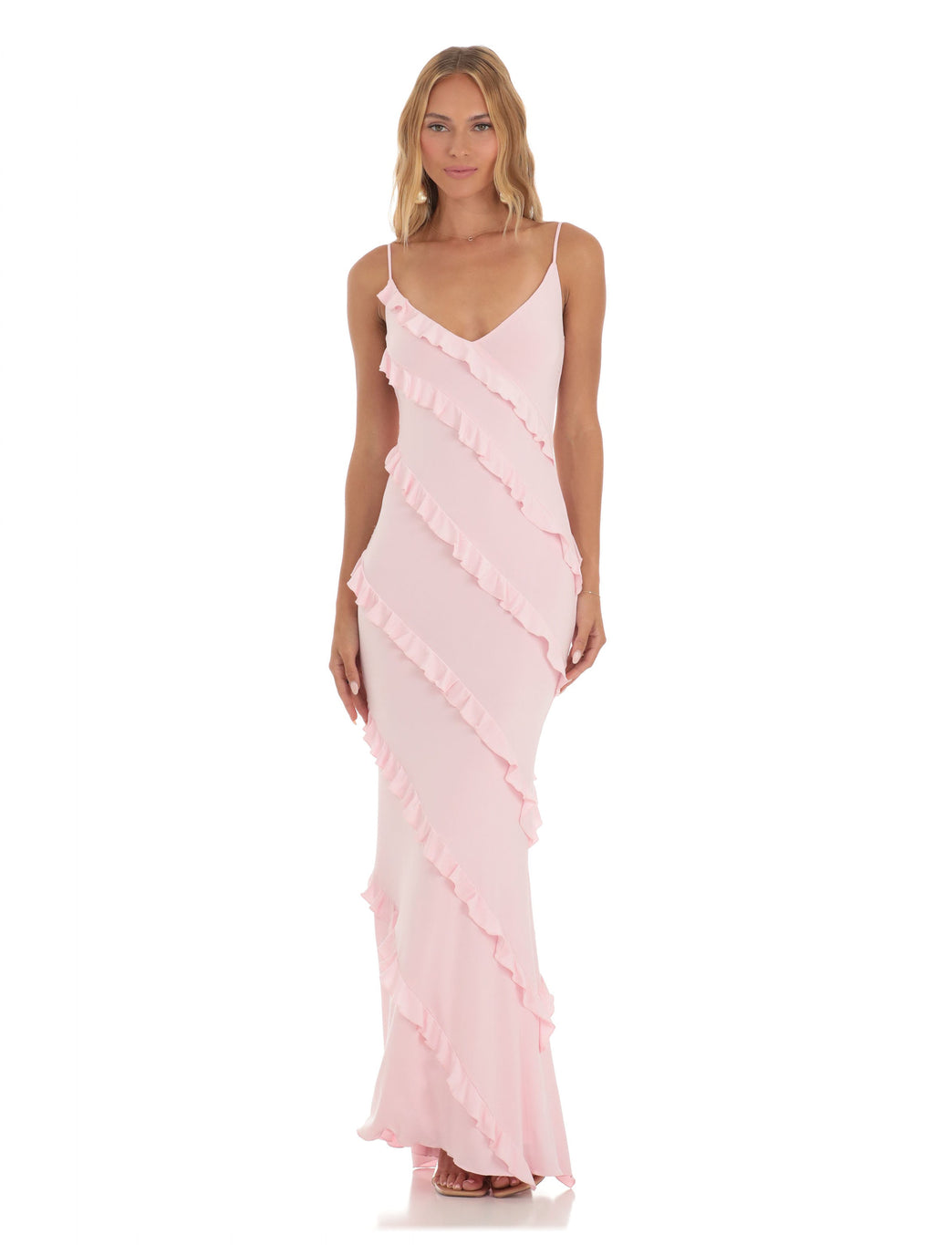 Pink bridesmaid dress with a-line silhouette and maxi length
