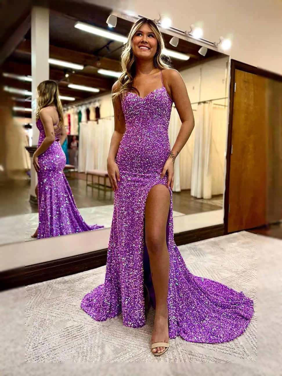 Purple maxi prom dress, front view showing the mermaid silhouette