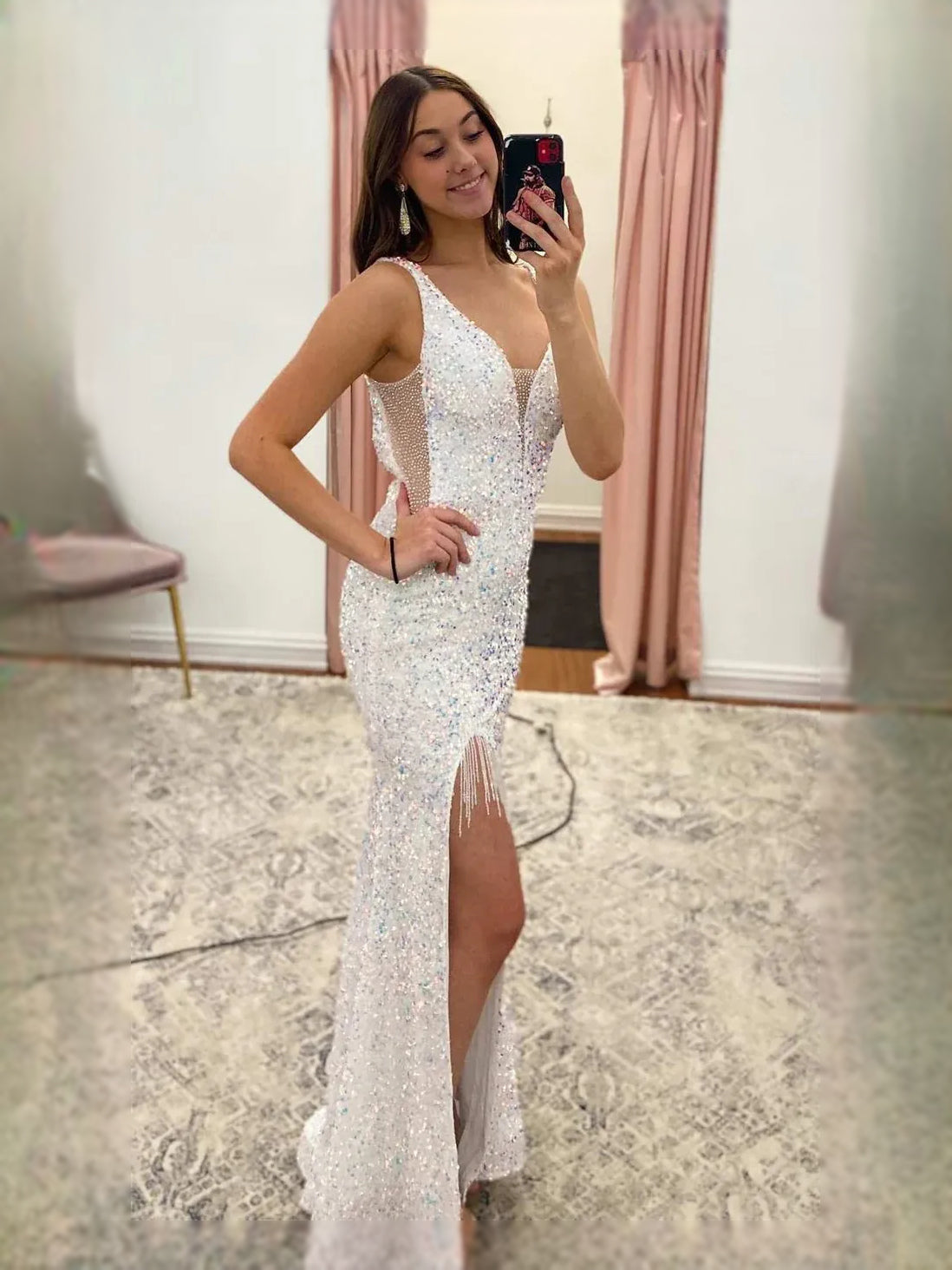 White maxi prom dress, front view showing the mermaid silhouette
