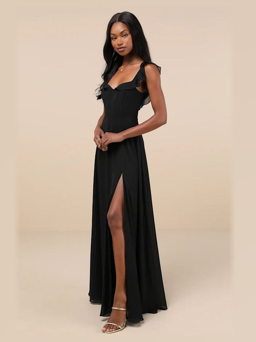 Black formal dress with a-line silhouette and maxi length