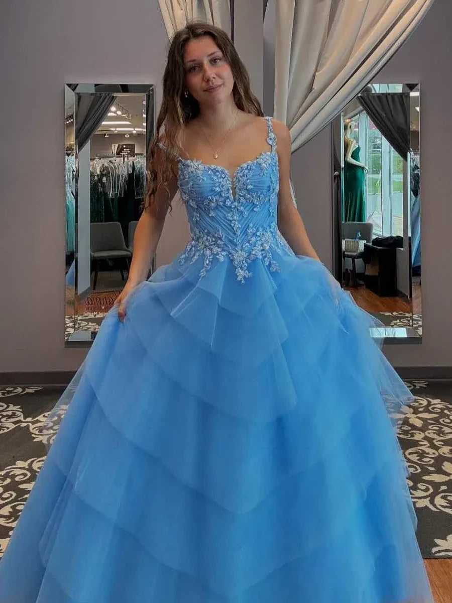 Sky Blue maxi prom dress, front view showing the a-line silhouette