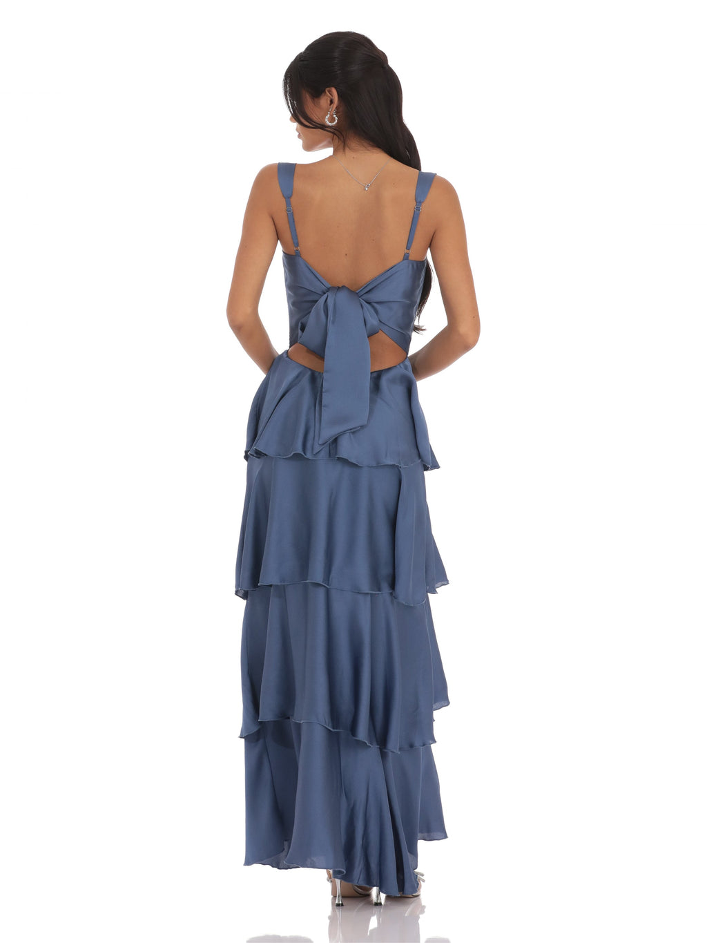 Slate Blue bridesmaid dress with a-line silhouette and maxi length
