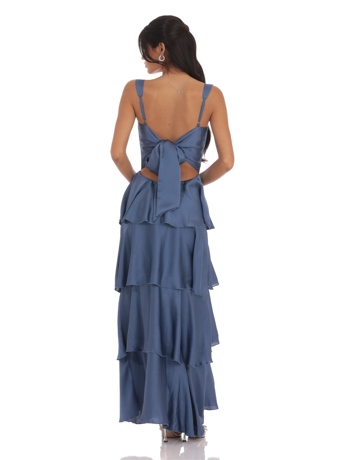 Slate Blue bridesmaid dress with a-line silhouette and maxi length