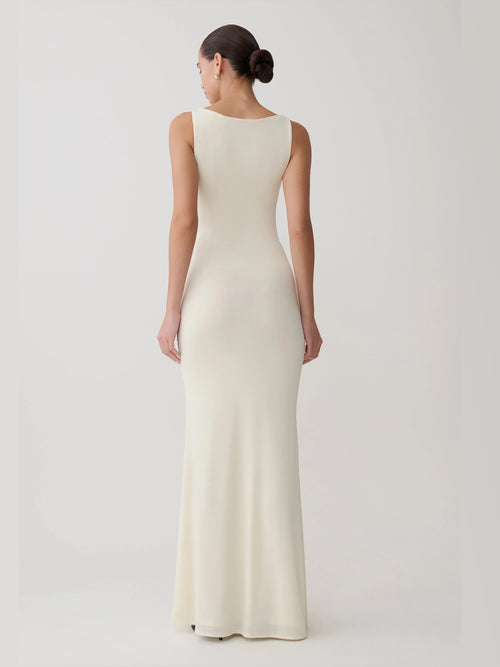 Bone formal dress with a-line silhouette and maxi length