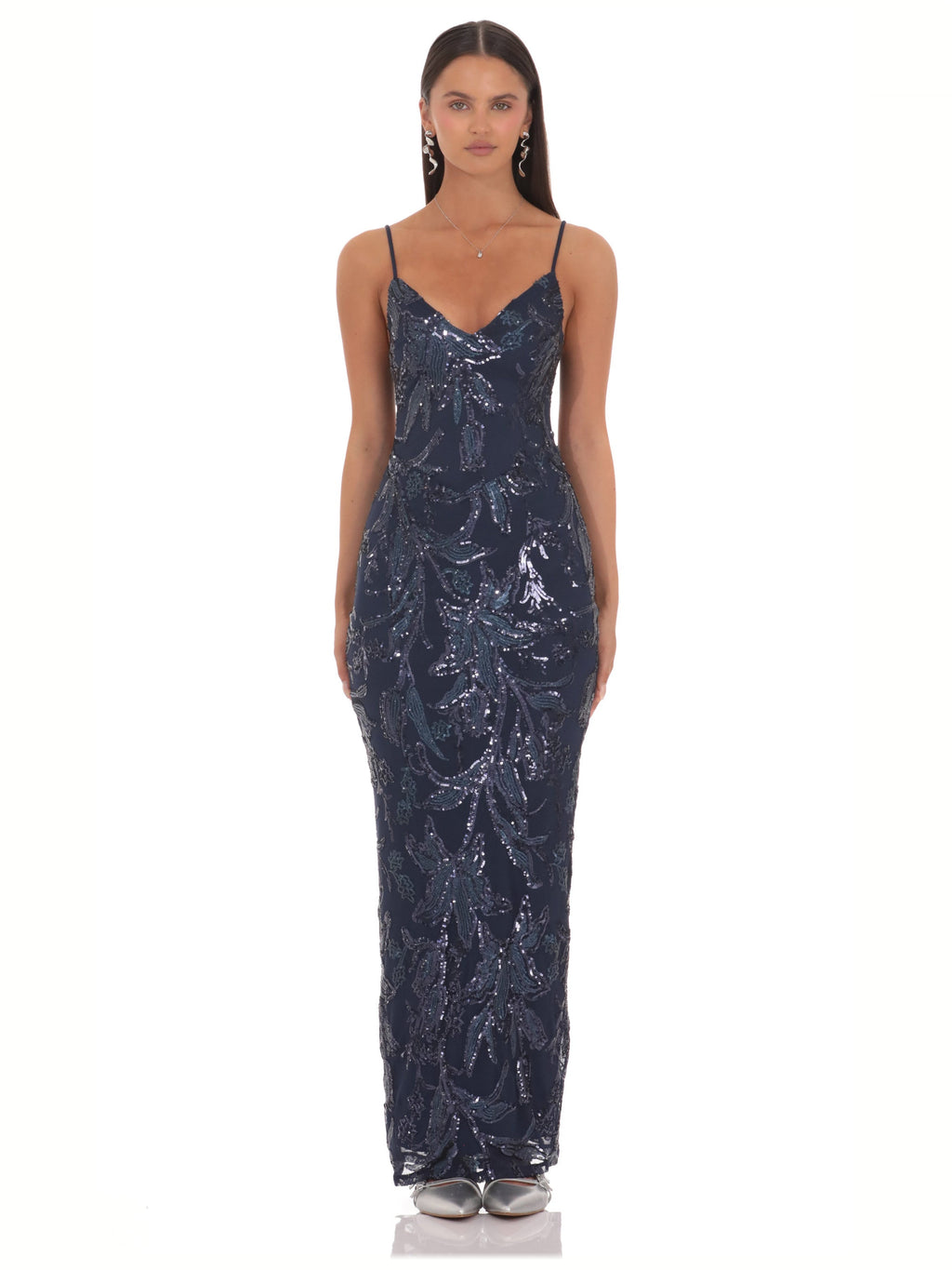 Navy bridesmaid dress with a-line silhouette and maxi length