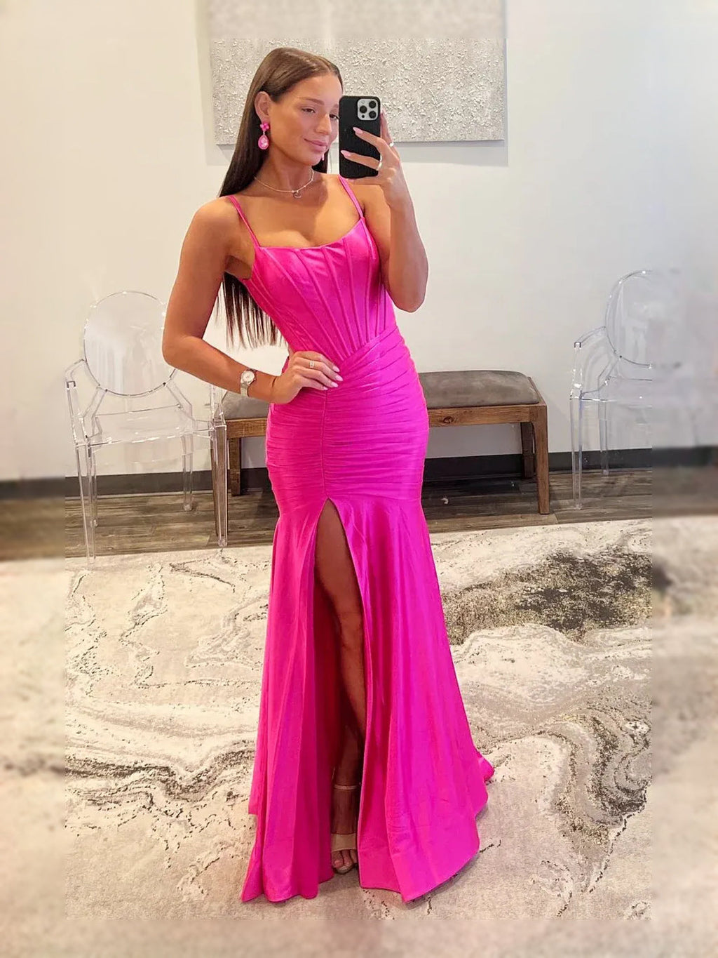 Hot Pink maxi prom dress, front view showing the mermaid silhouette