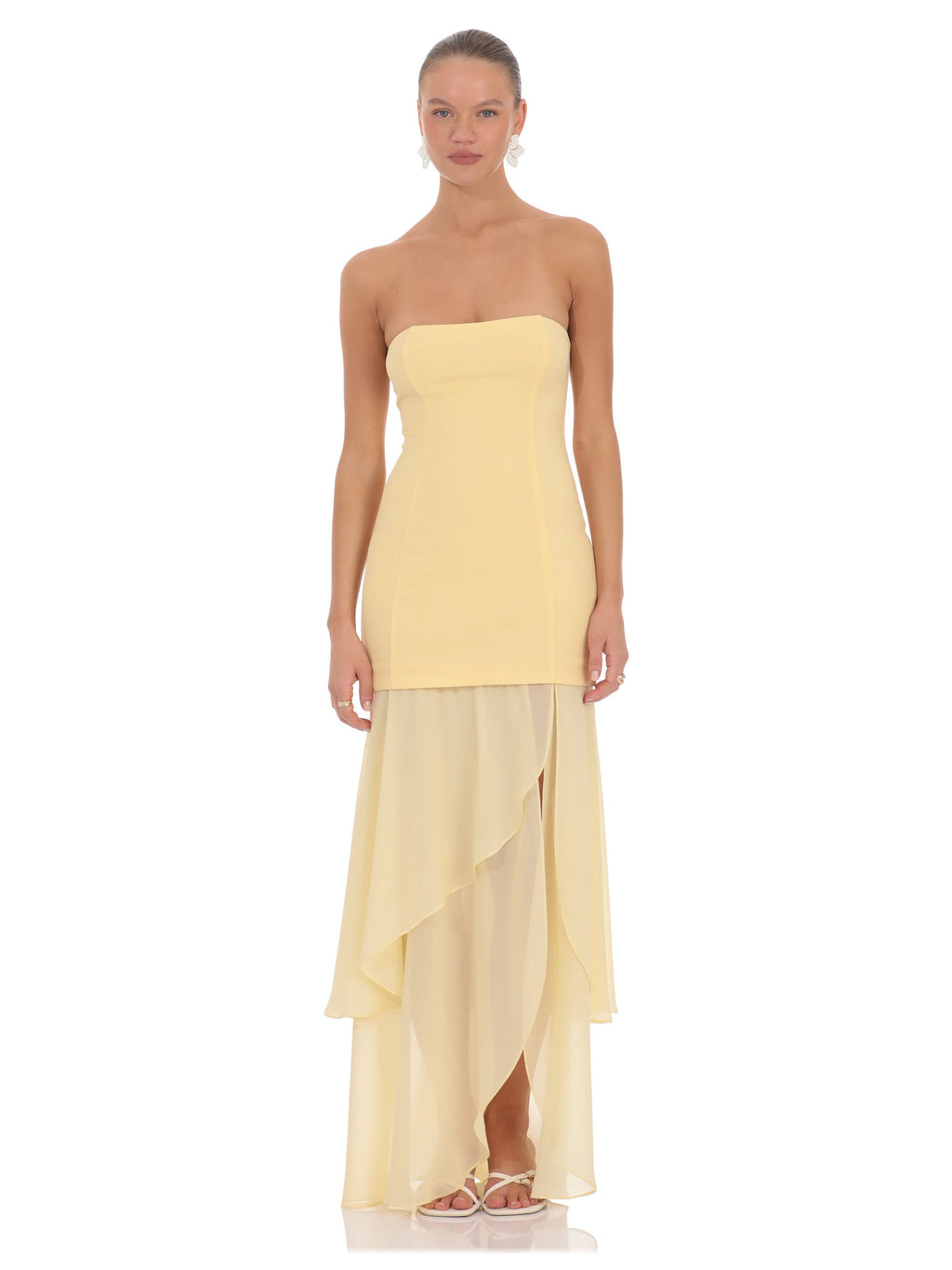 Yellow bridesmaid dress with a-line silhouette and maxi length