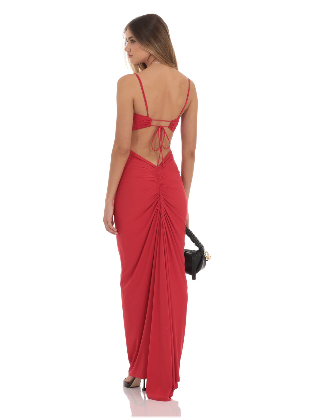 Red bridesmaid dress with a-line silhouette and maxi length