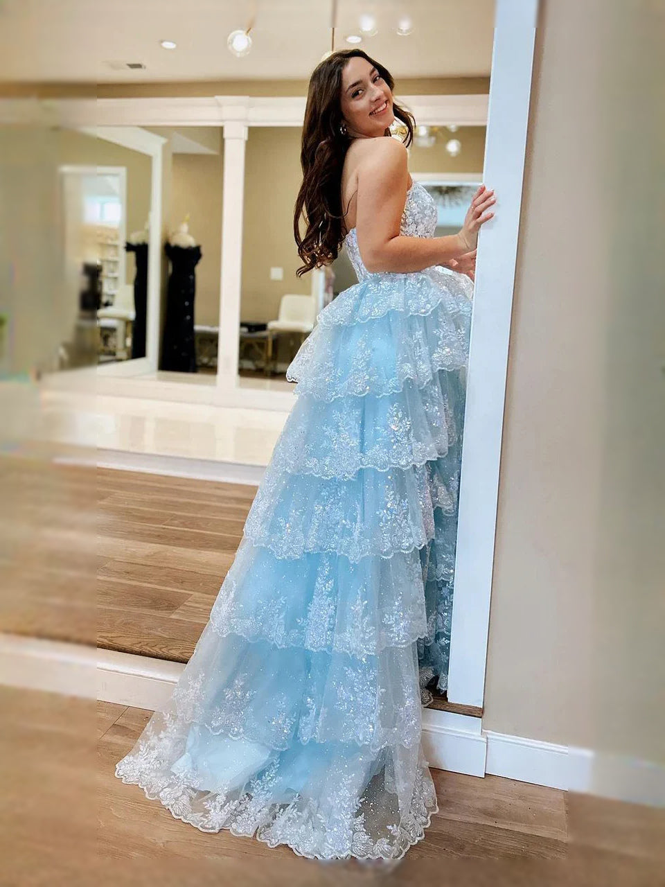 Light Blue high-low prom dress, front view showing the a-line silhouette