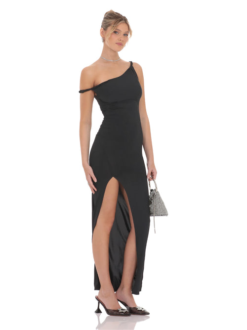 Black bridesmaid dress with a-line silhouette and maxi length