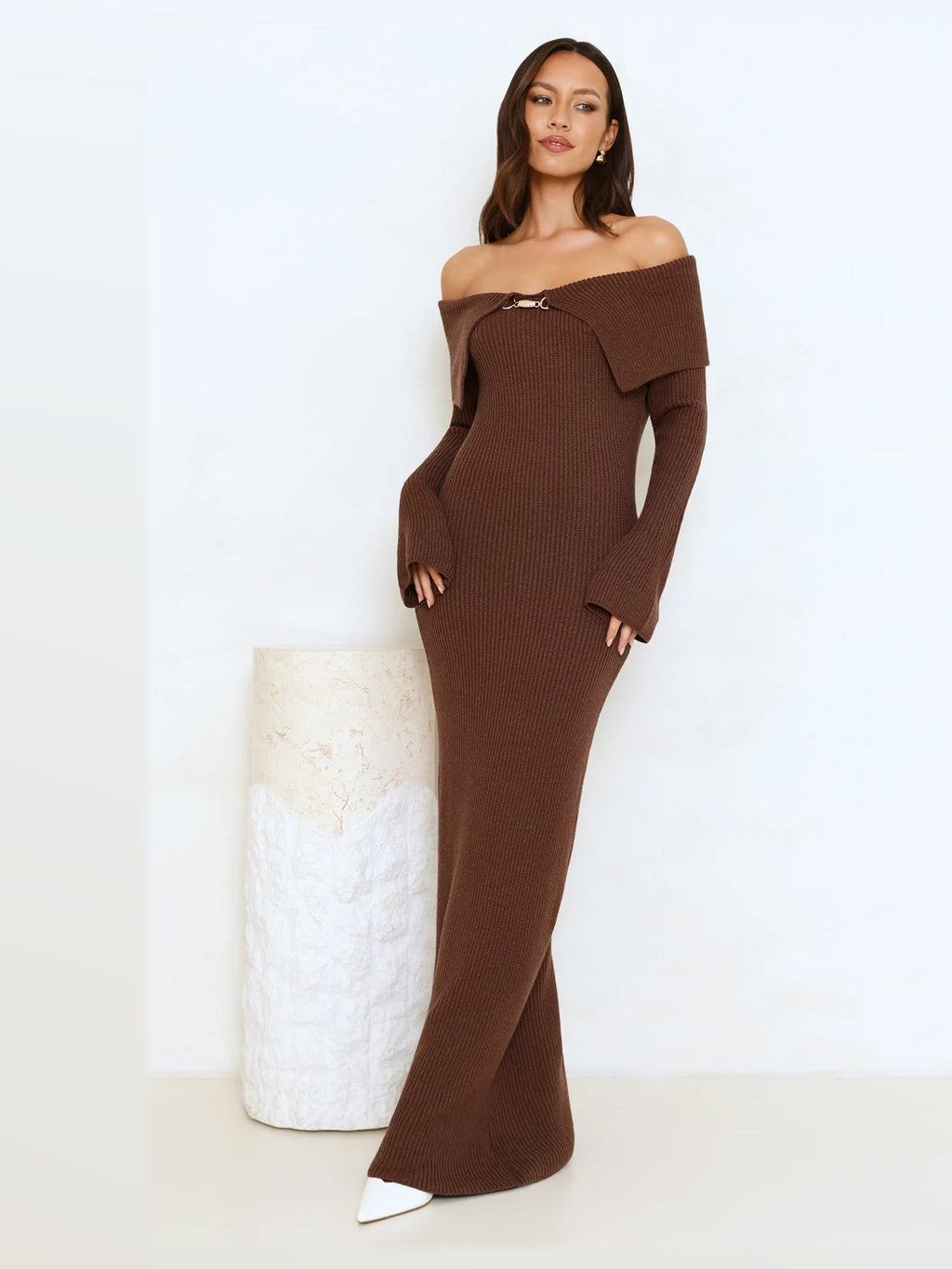 Brown formal dress with a-line silhouette and maxi length