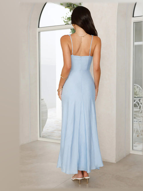 Blue formal dress with a-line silhouette and maxi length