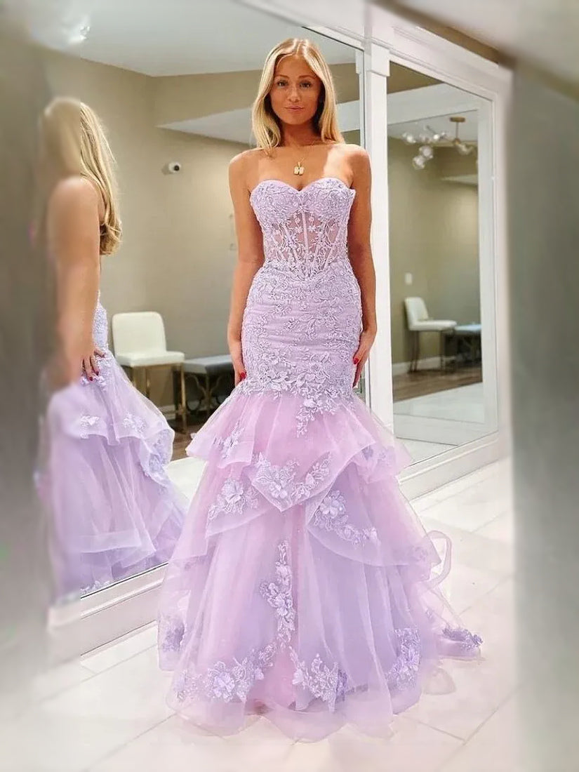 Lavender floor-length prom dress, front view showing the mermaid silhouette