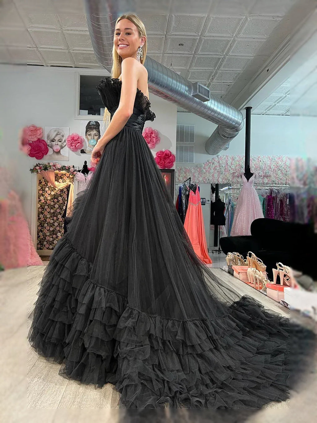 Black maxi prom dress, front view showing the a-line silhouette