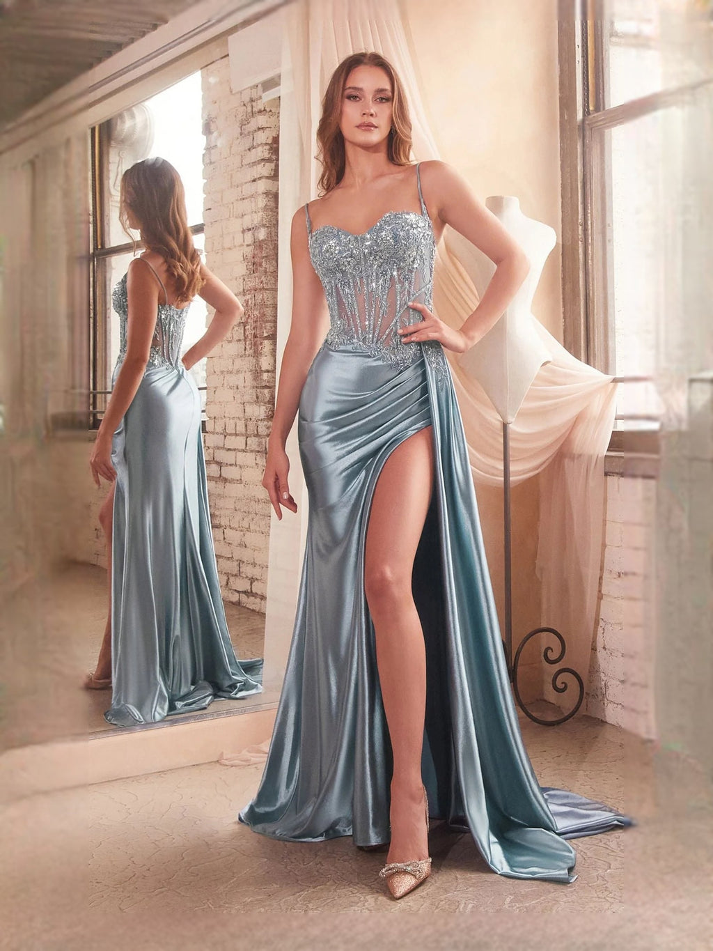 Dusty Blue floor-length prom dress, front view showing the mermaid silhouette