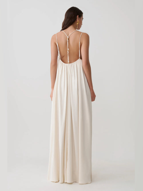 Buttercream formal dress with a-line silhouette and maxi length