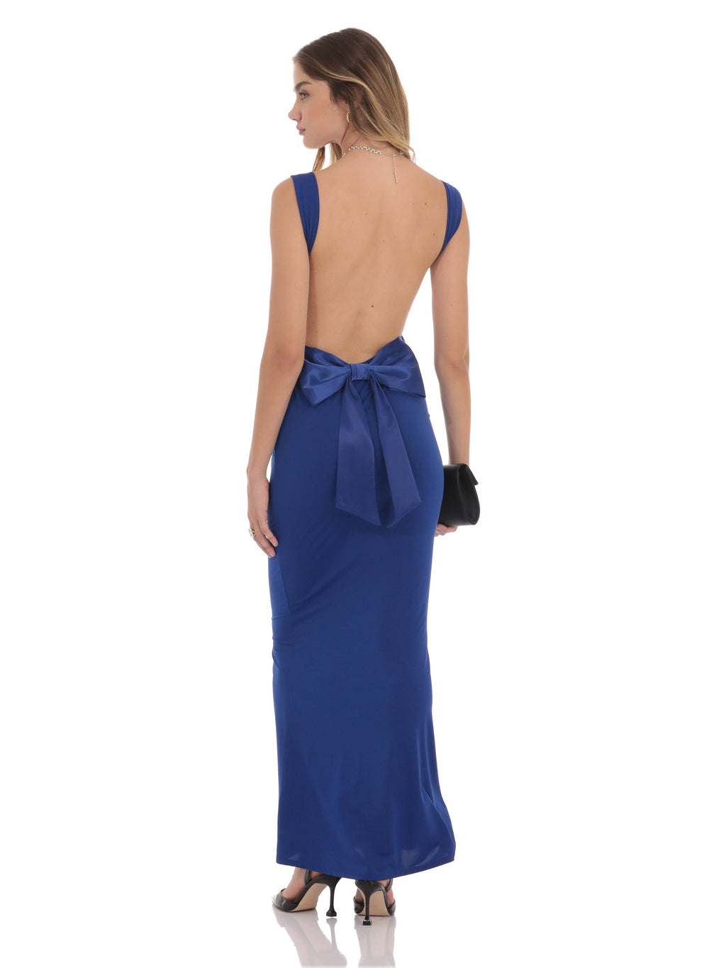 Blue bridesmaid dress with a-line silhouette and maxi length