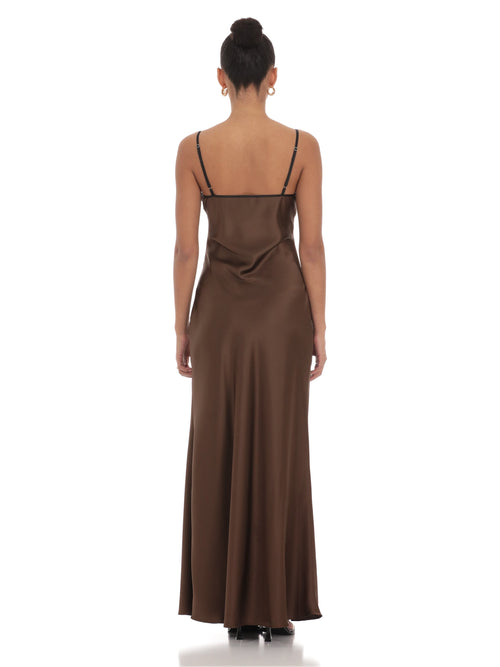 Brown bridesmaid dress with a-line silhouette and maxi length