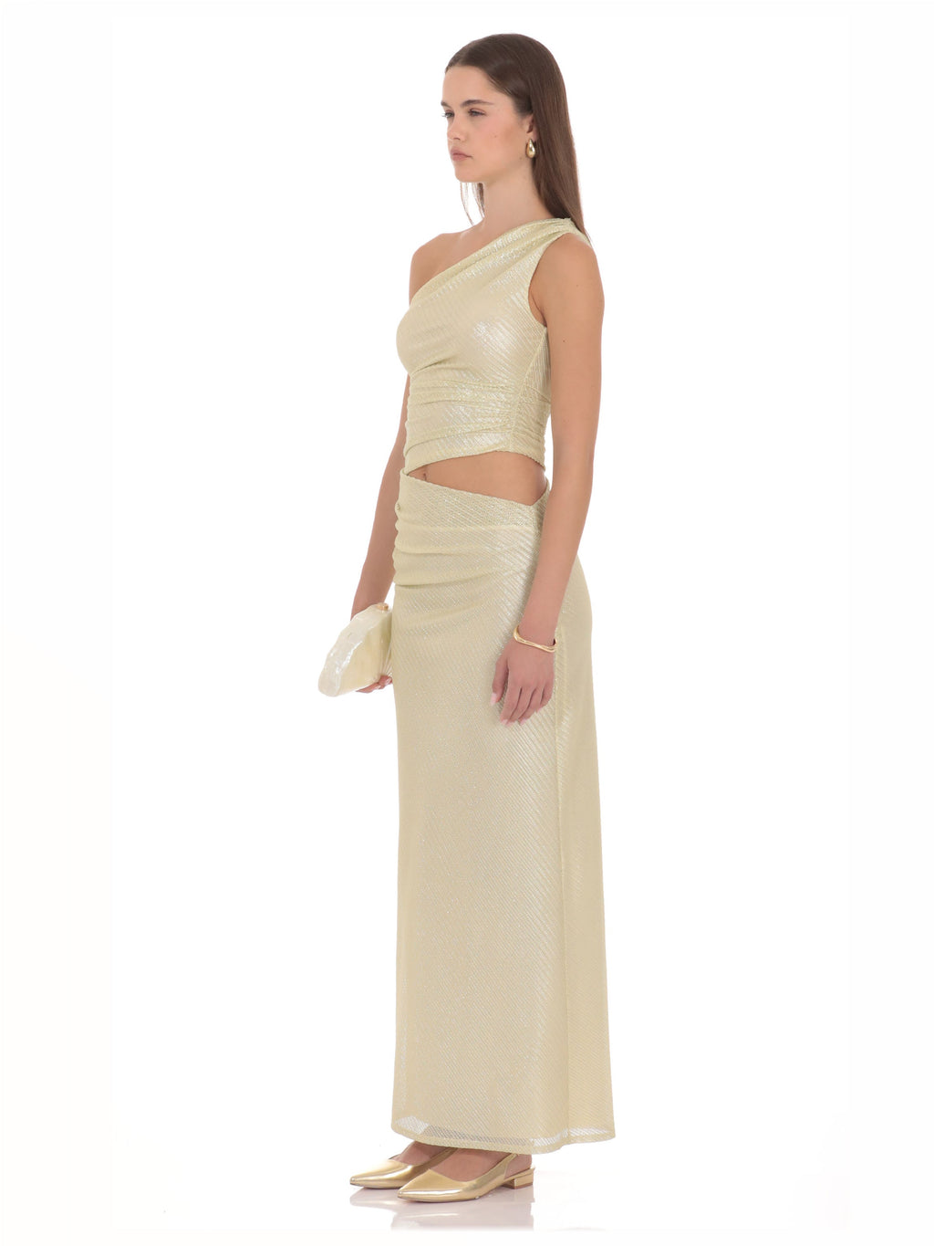 Gold bridesmaid dress with a-line silhouette and maxi length
