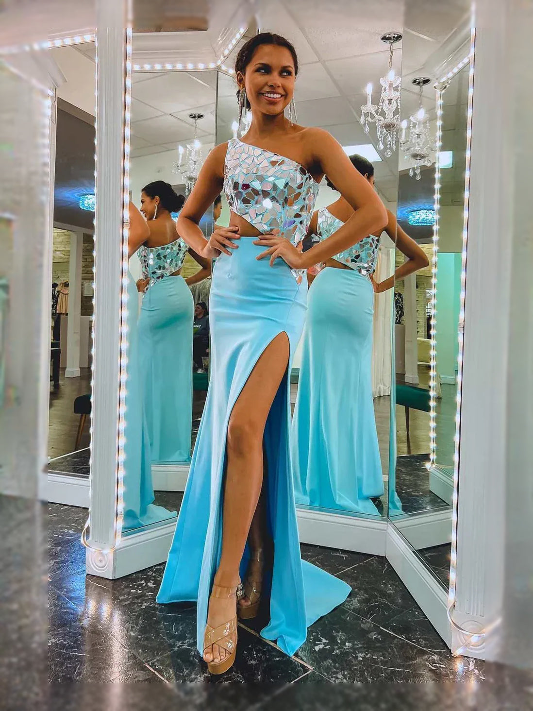 Turquoise maxi prom dress, front view showing the mermaid silhouette