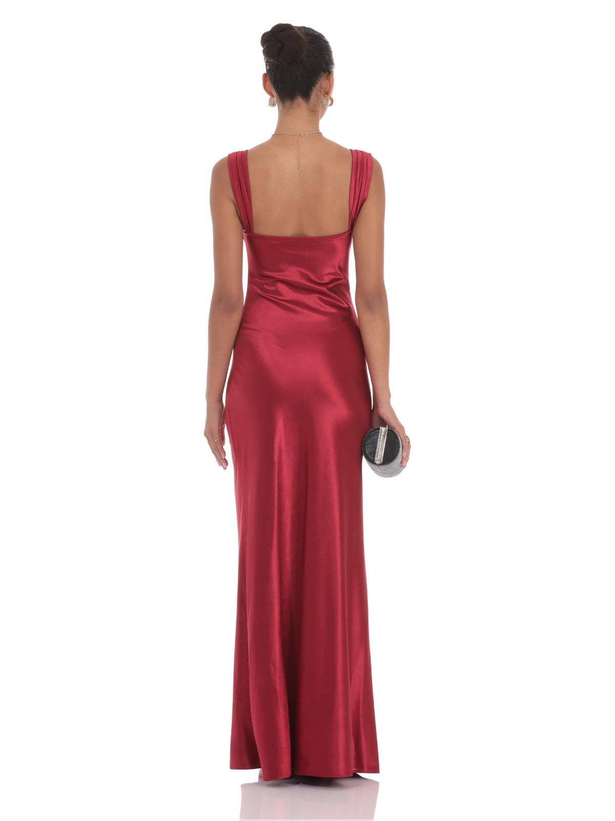 Red bridesmaid dress with a-line silhouette and maxi length