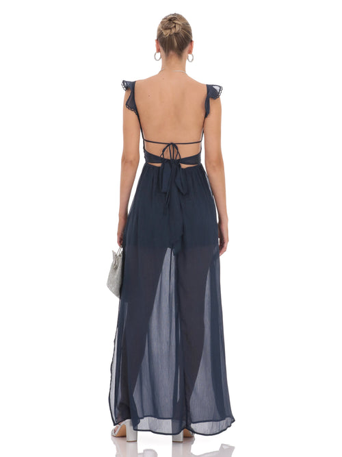 Navy bridesmaid dress with a-line silhouette and maxi length