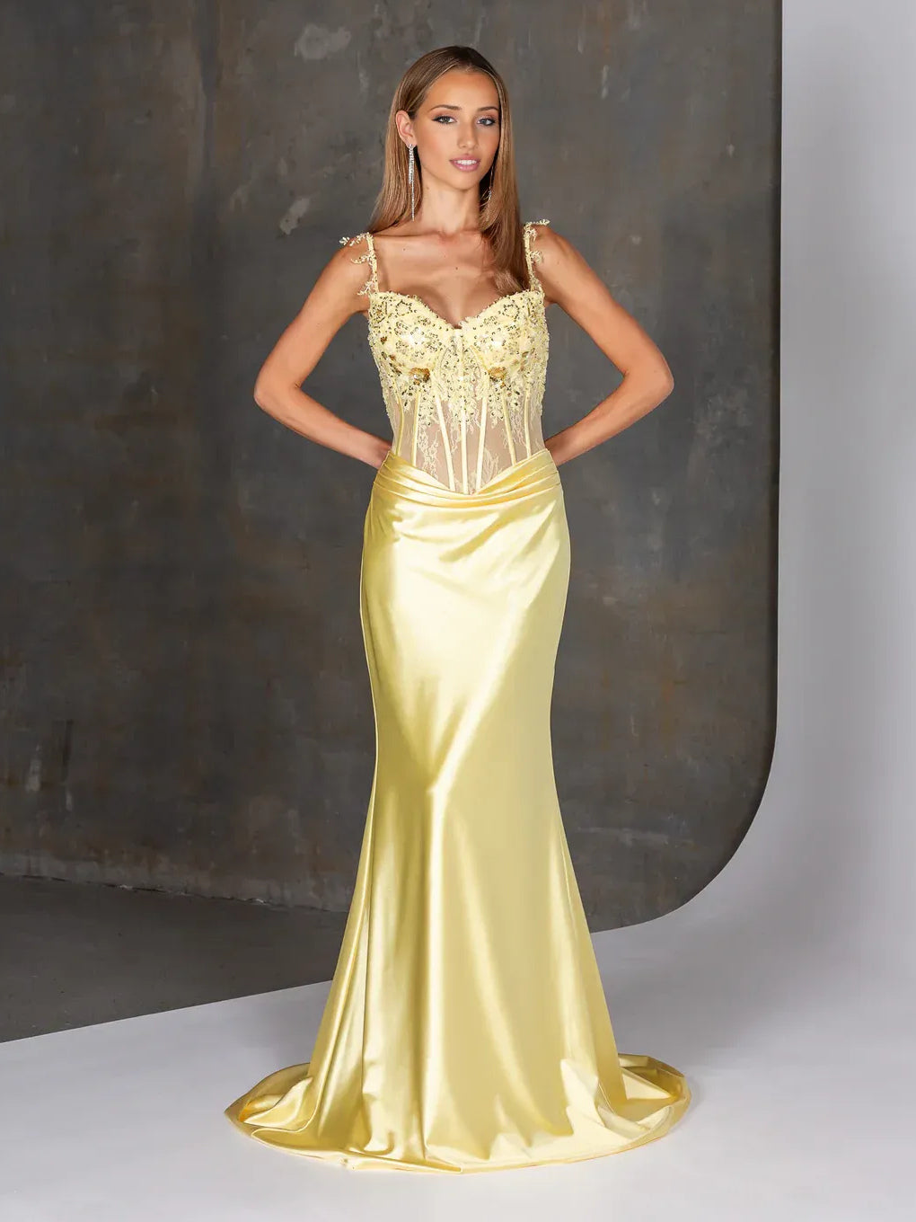Lemon floor-length prom dress, front view showing the mermaid silhouette