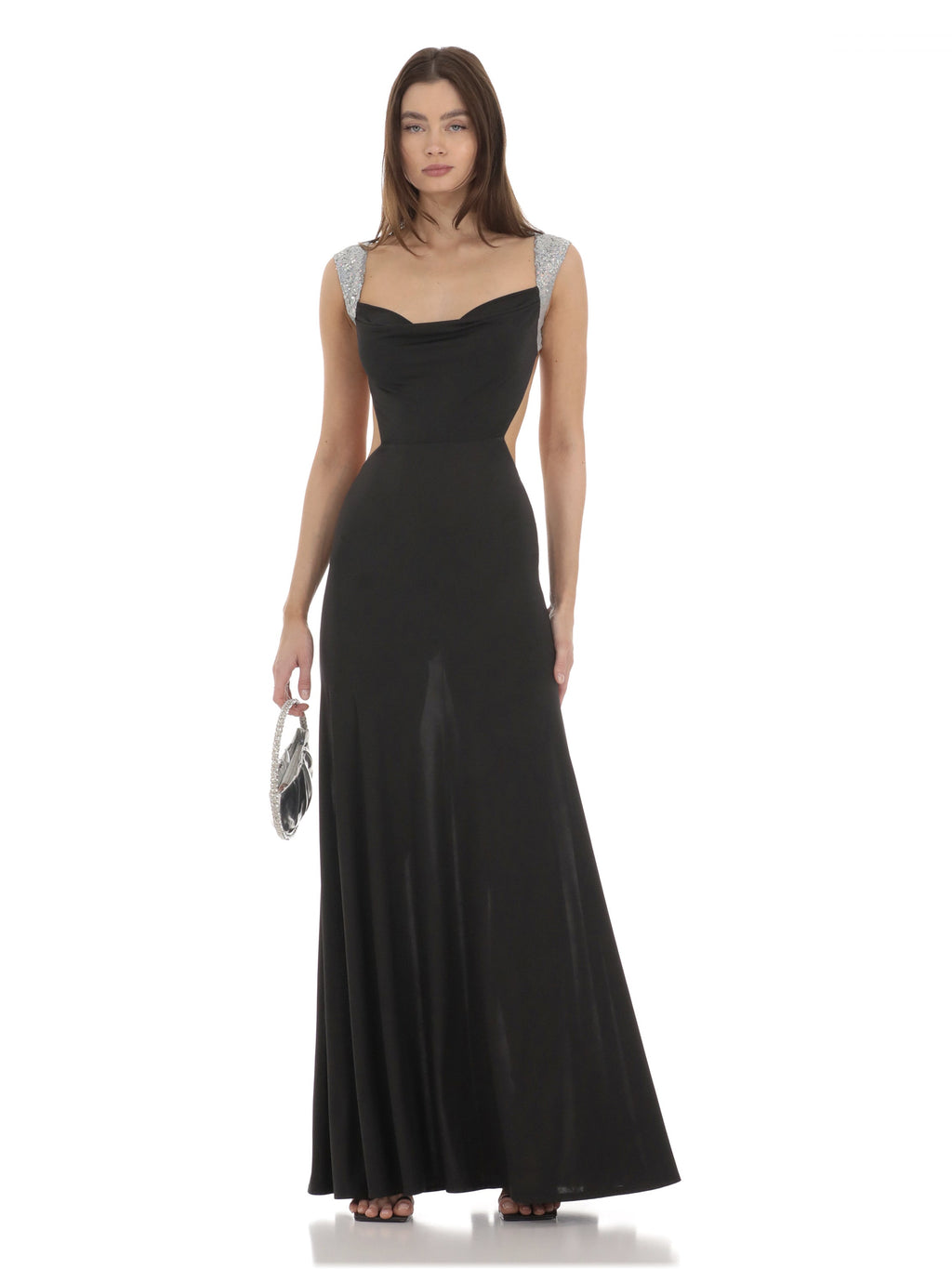 Black bridesmaid dress with a-line silhouette and maxi length
