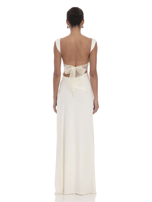 White bridesmaid dress with a-line silhouette and maxi length