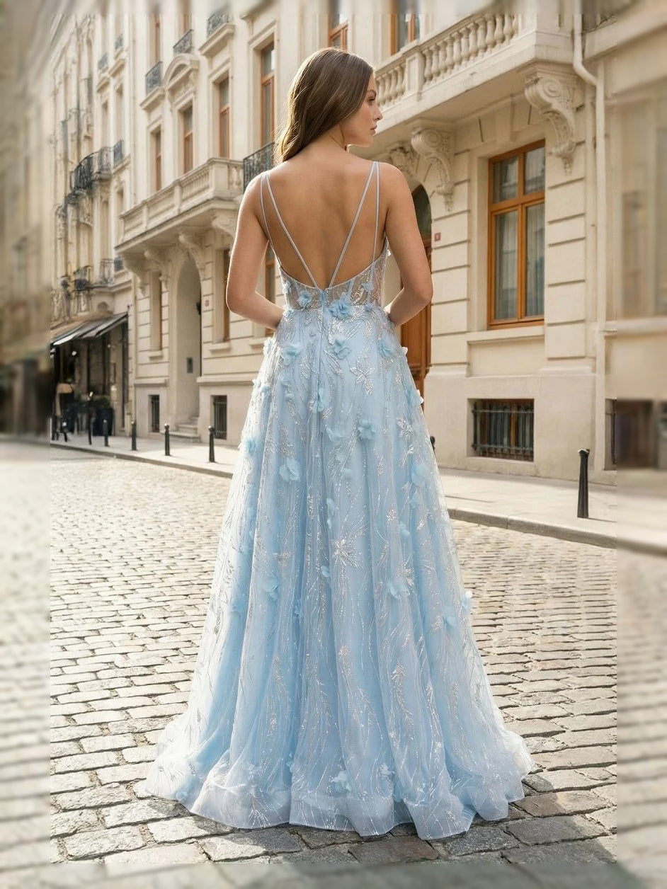 Light Blue floor-length prom dress, front view showing the a-line silhouette