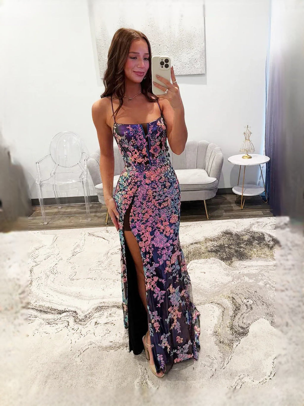 Black floor-length prom dress, front view showing the mermaid silhouette