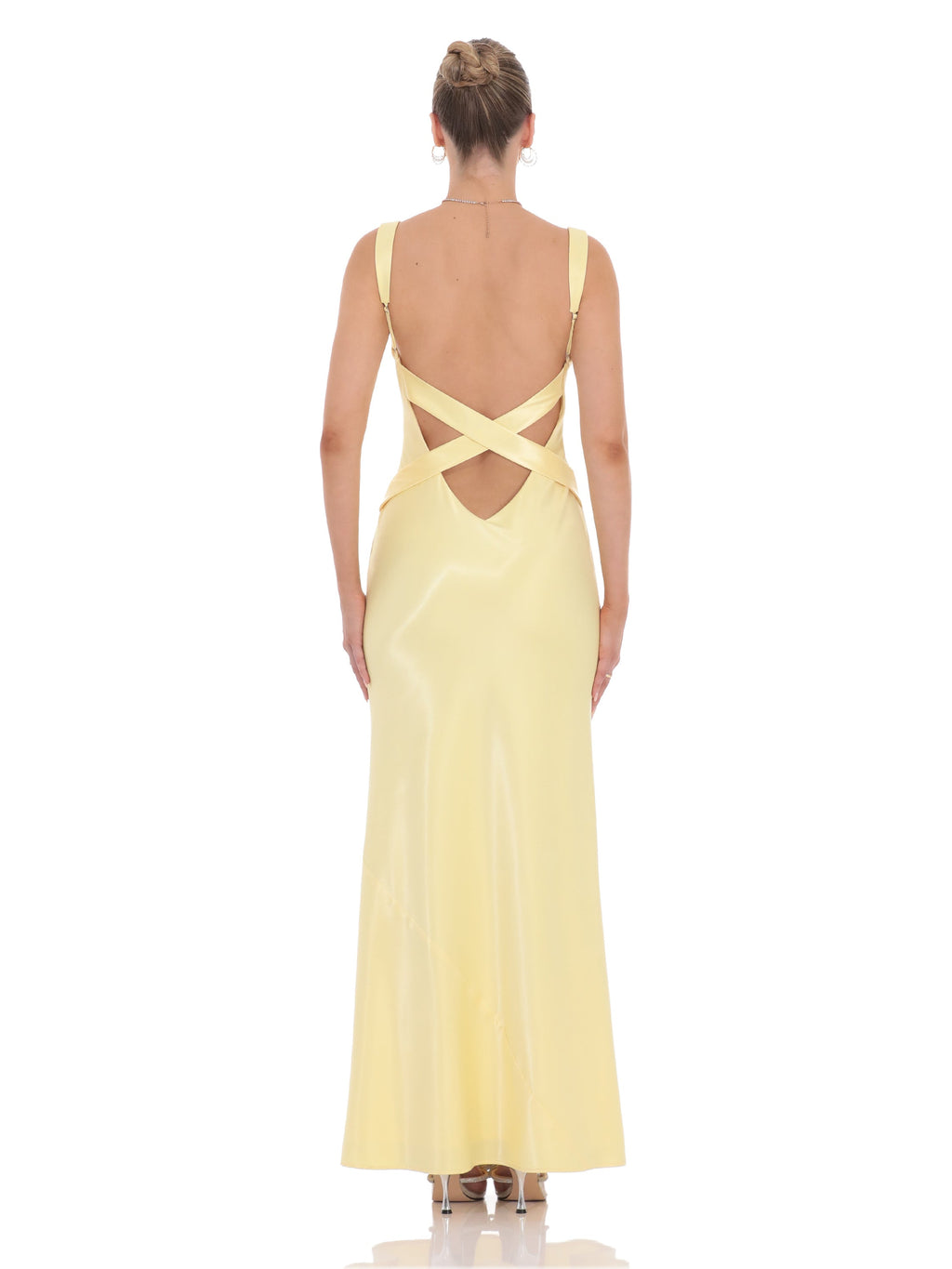 Yellow bridesmaid dress with a-line silhouette and maxi length