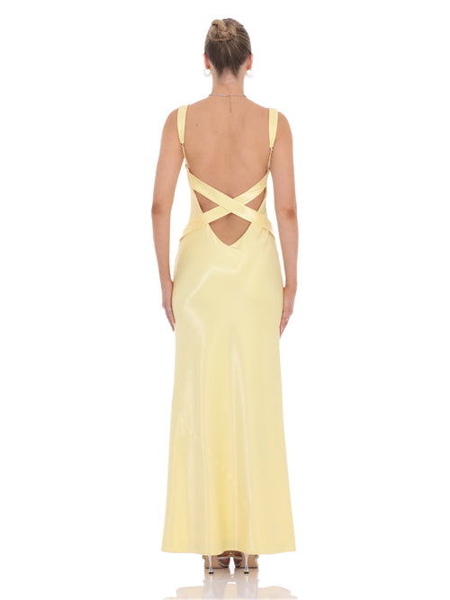 Yellow bridesmaid dress with a-line silhouette and maxi length