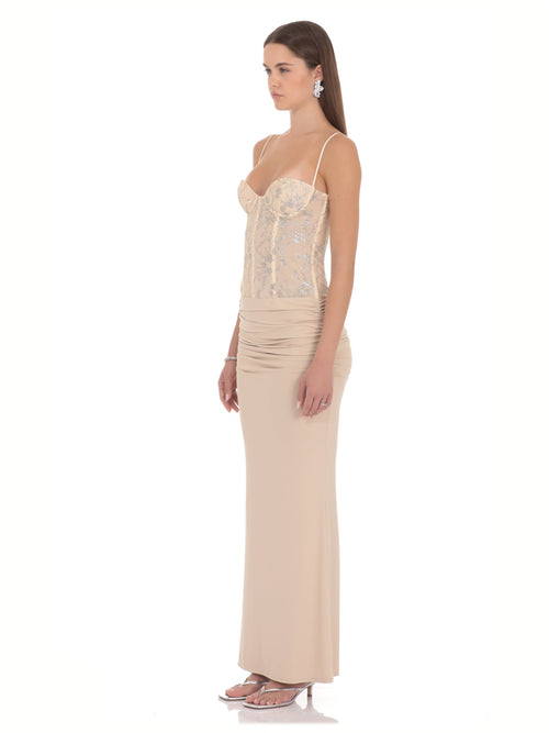 Champagne bridesmaid dress with a-line silhouette and maxi length