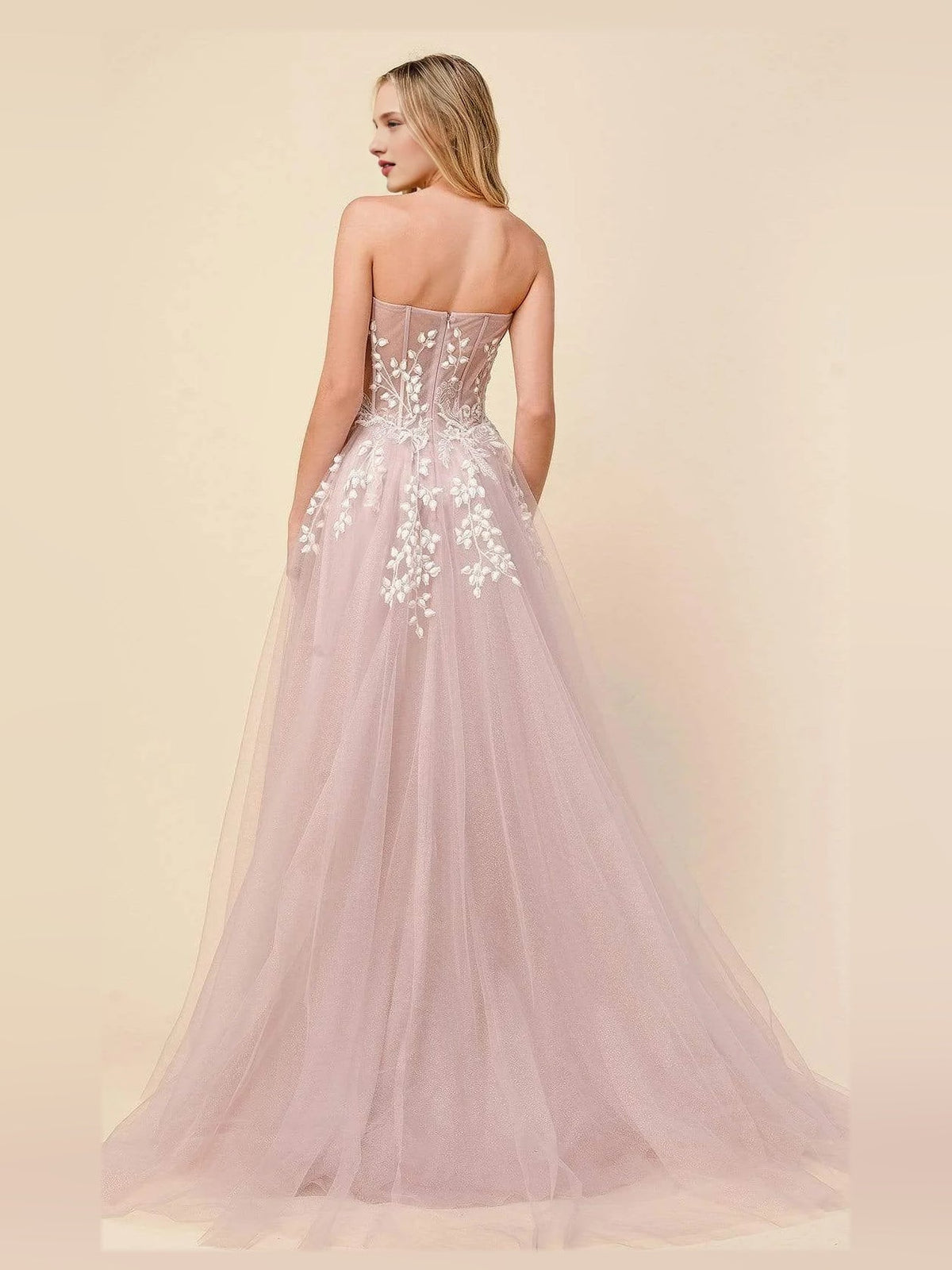 Dusty Rose floor-length prom dress, front view showing the a-line silhouette