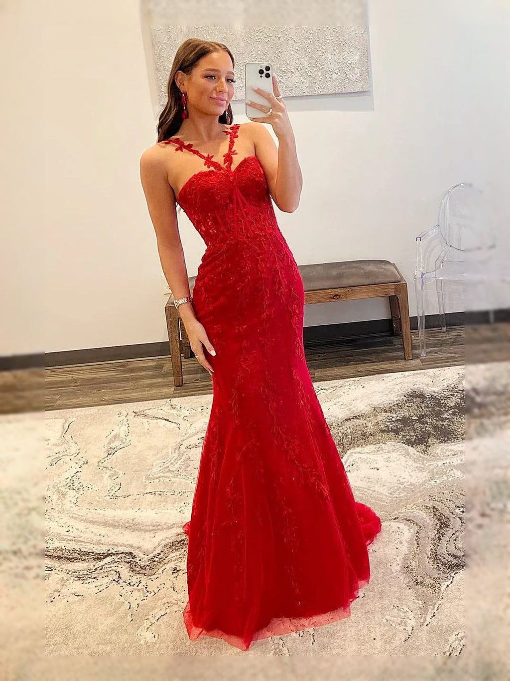 Red floor-length prom dress, front view showing the mermaid silhouette